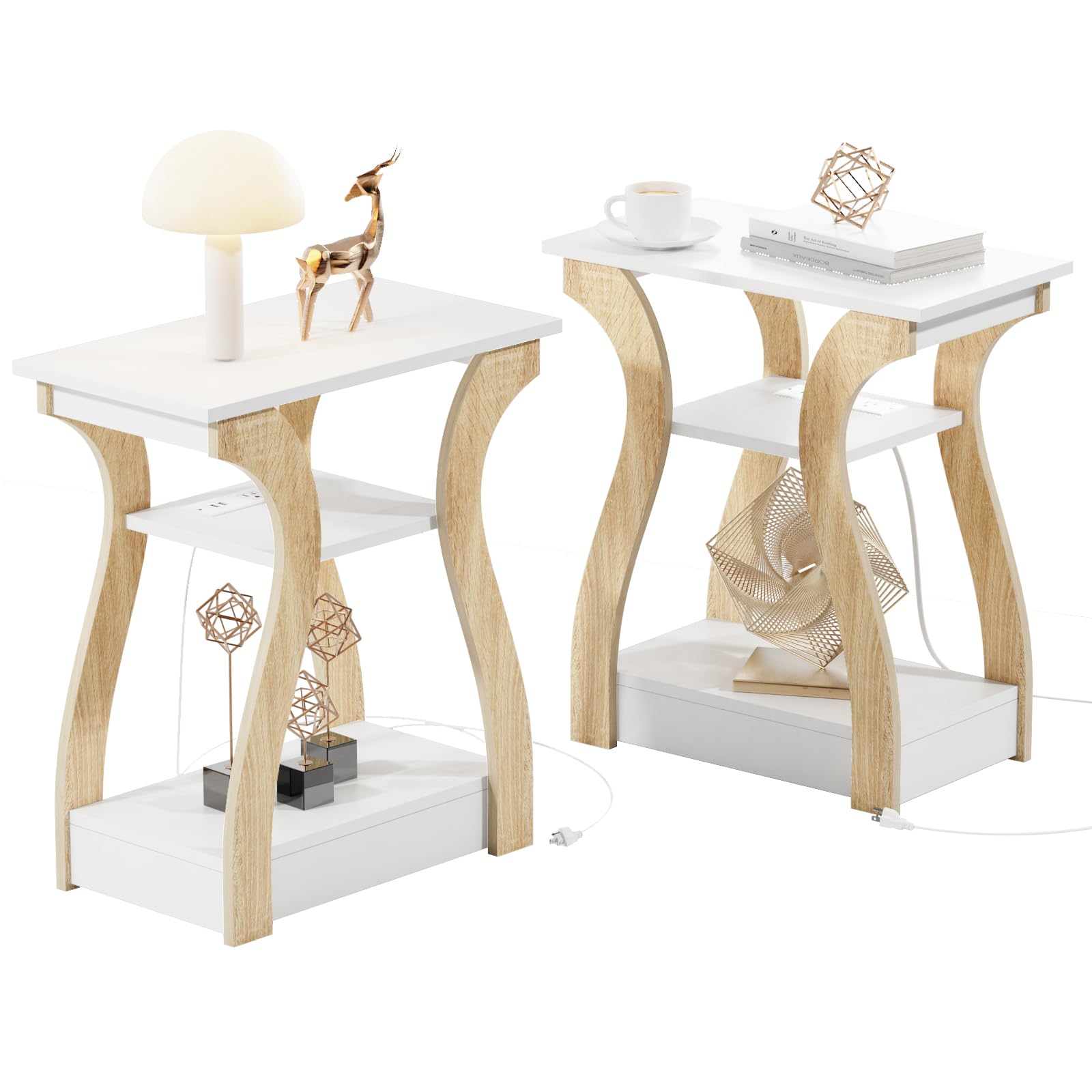 Fromjbest End Table Set Of 2 With Charging Station, Side Table With Usb Ports And Outlets, Nightstand, 3 Tier End Table With Sto