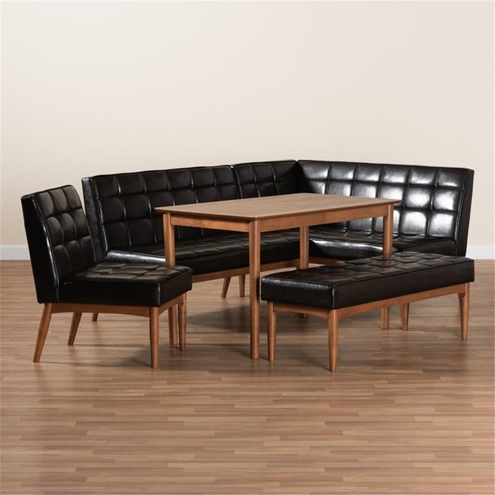 Baxton Studio Sanford Mid-Century Modern Dark Brown Faux Leather Upholstered and Walnut Brown Finished Wood 5-Piece Dining Nook Set