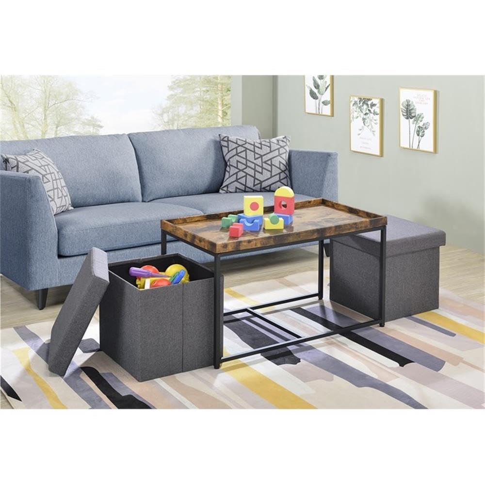 Lilola Home Monty Rustic Brown Wood Grain 3 Piece Coffee Table Set with Raised Edges