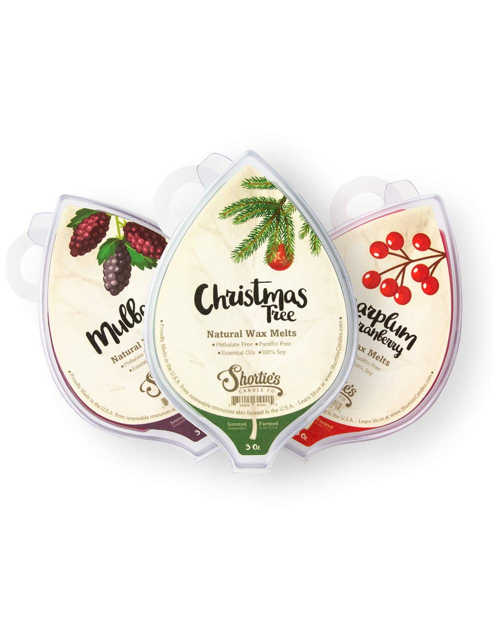 Natural Christmas Soy Wax Melts Variety Pack - 3 Highly Scented 3 Oz. Bars - Christmas Tree, Mulberry, Sugarplum Cranberry - Soy