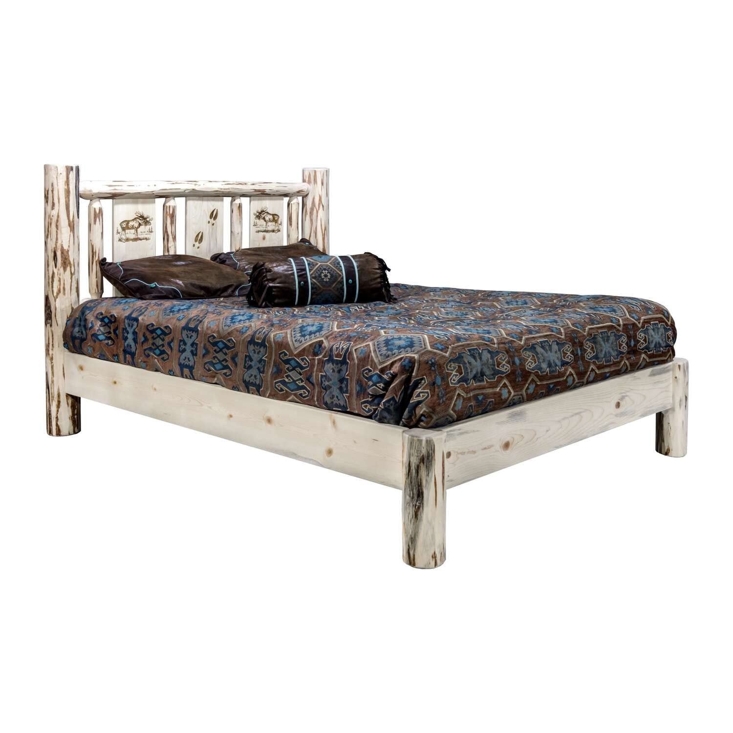 Montana Collection King Platform Bed w/Laser Engraved Moose Design, Clear Lacquer Finish
