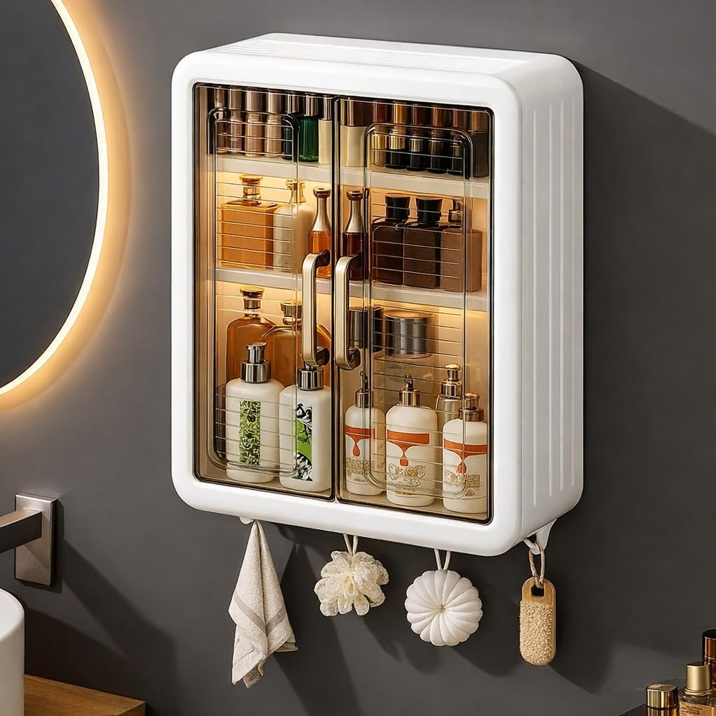 Multipurpose Bathroom Organiser Without Drill Plastic Wall Mounted Storage Cabinet For Kitchen And Bathroom With Shelves & Door|