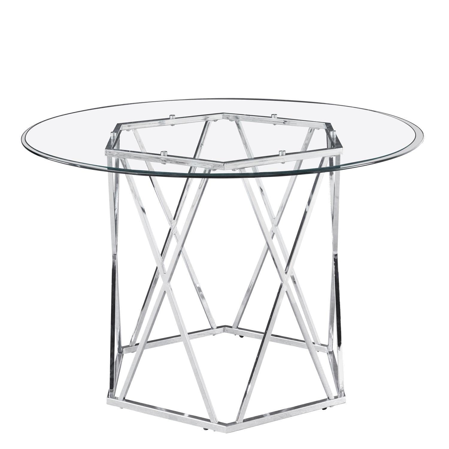 Steve Silver Furniture Escondido 48-Inch Round Dining Table, Mid-Century Modern Styling, Tempered Glass Table Top, Kitchen/Dining Room, Chrome Iron Base, 48" D x 48" W x 30" H, Chrome