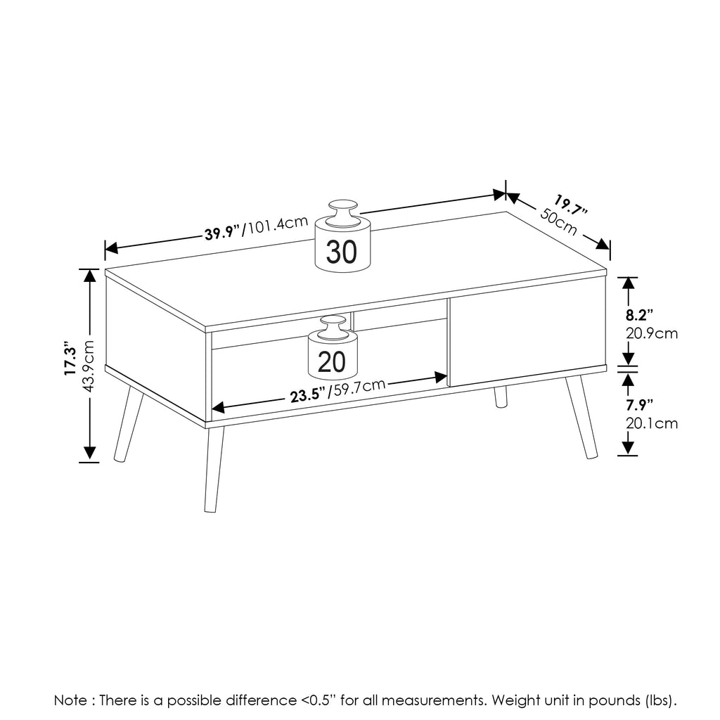 Furinno Claude Mid Century Style Coffee Table With Wood Legs, Marble White