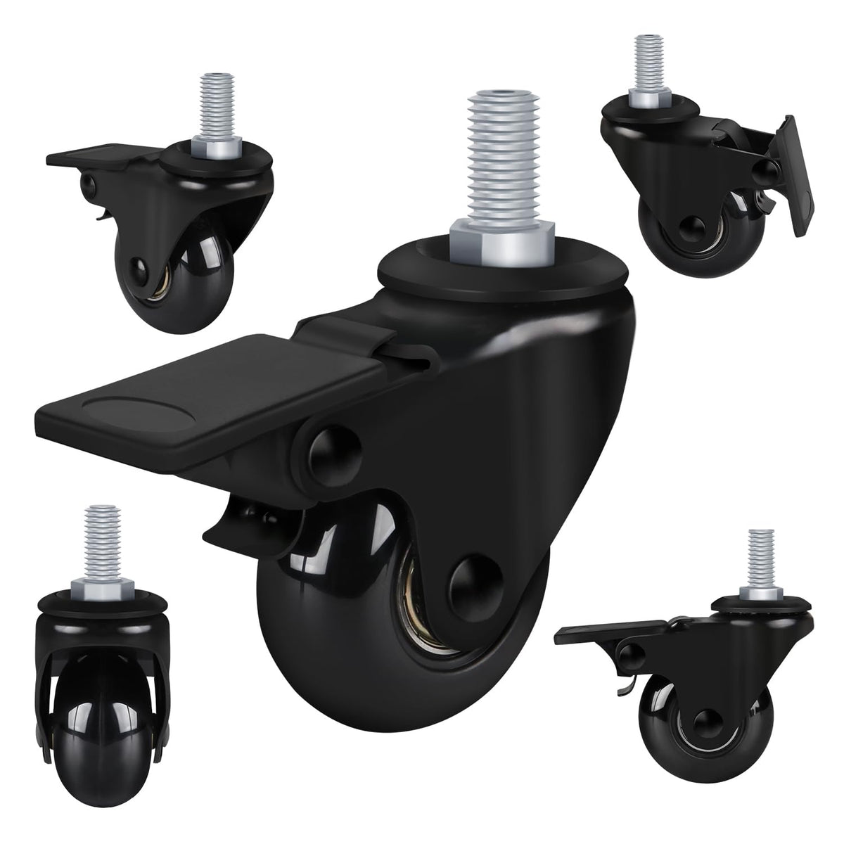 8T8 2' Office Chair Wheels Replacement With Brake, Rubber Caster Wheels With Threaded Stem 3/8'-16X1, Set Of 5, Heavy Duty Des