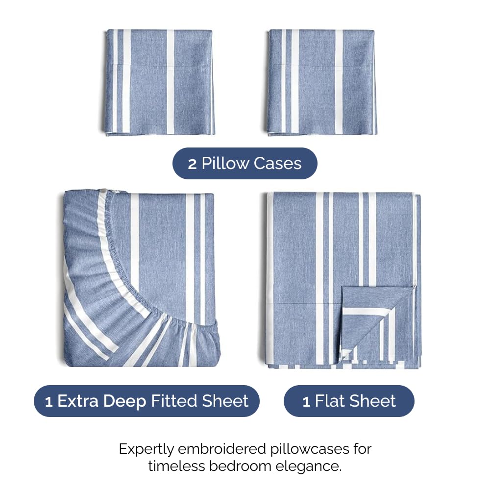 Extra Deep Pocket Cal King Sheets - 4 Piece Breathable & Cooling Bed Sheets - Hotel Luxury Bed Sheet Set - Soft, Wrinkle Free & Comfy - Easily Fits Extra Deep Mattresses - Blue Striped Sheets Set