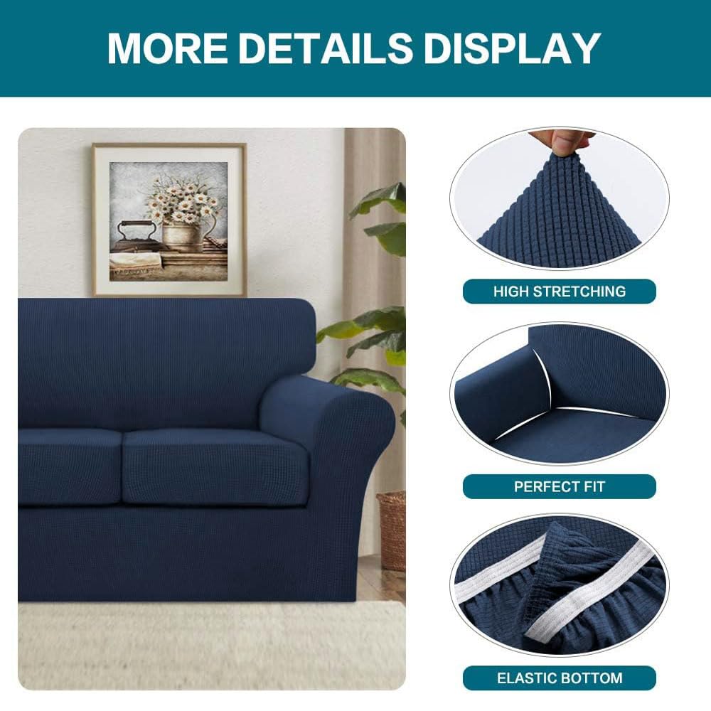 3 Piece Sofa Covers For 2 Cushion Couch Sofa Slipcover Soft Couch Cover For Dogs-Washable Sofa Furniture Covers With 2 Individual Cushion Covers, Feature Thick Jacquard Fabric (Loveseat, Navy)