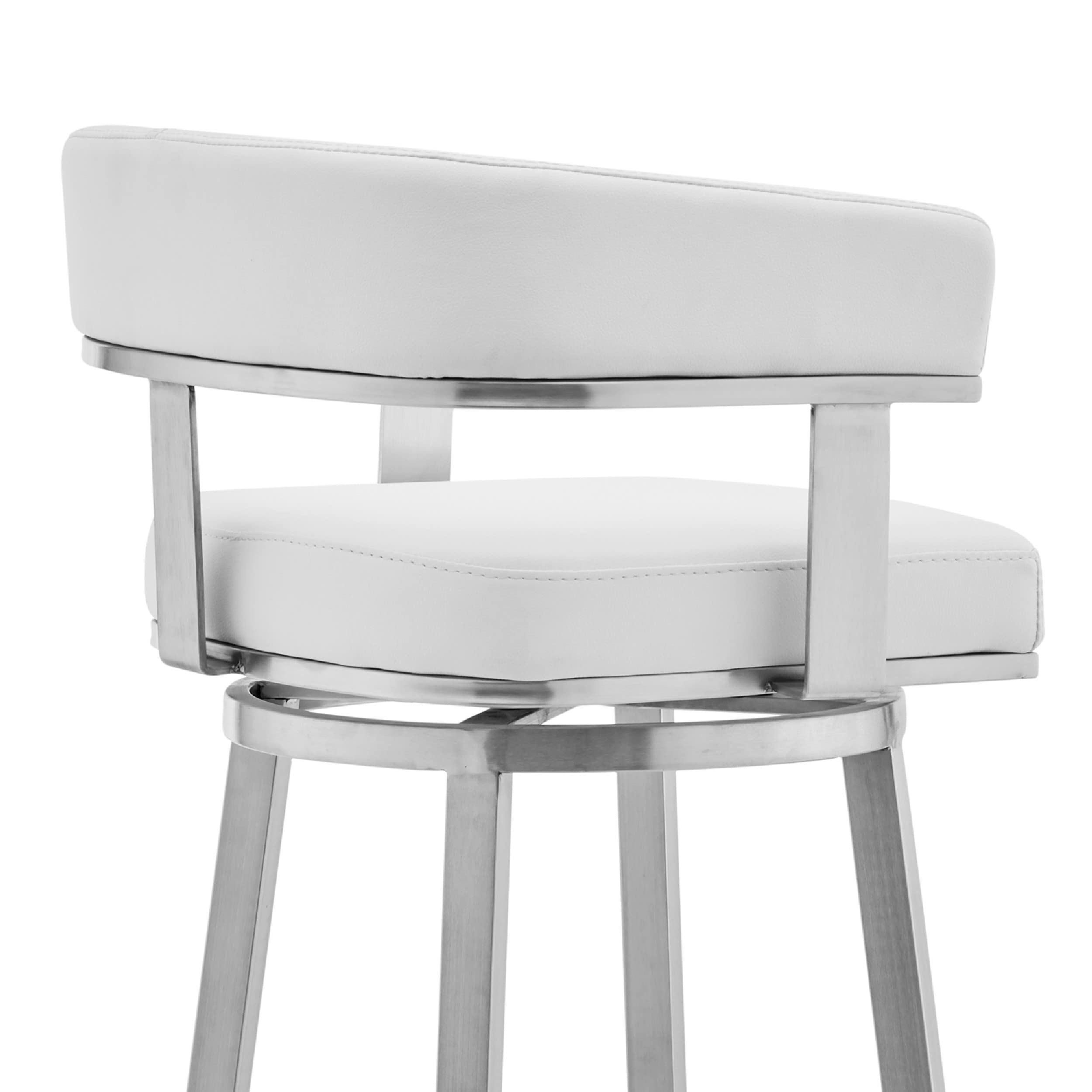 Benjara Swivel Barstool With Open Curved Back And Metal Legs, White And Silver