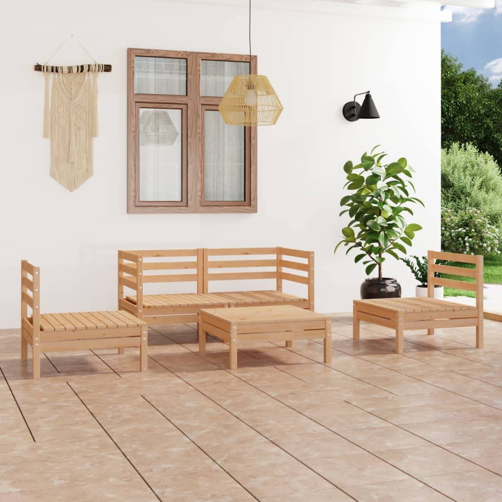 vidaXL Solid Pinewood Patio Lounge Set 5 Piece Garden Outdoor Terrance Backyard Furniture Set Wooden Lounge Sofa Seating Chair Seat