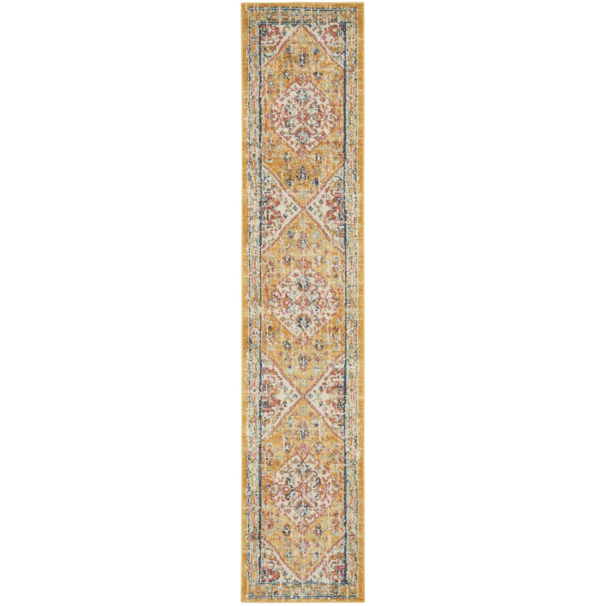 HomeRoots Ivory/Yellow 100% Polypropylene 2’ x 10’ Ivory and Yellow Center Medallion Runner Rug