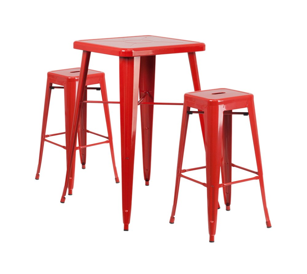 Flash Furniture Stone Commercial Grade 23.75" Square Red Metal Indoor-Outdoor Bar Table Set with 2 Square Seat Backless Stools