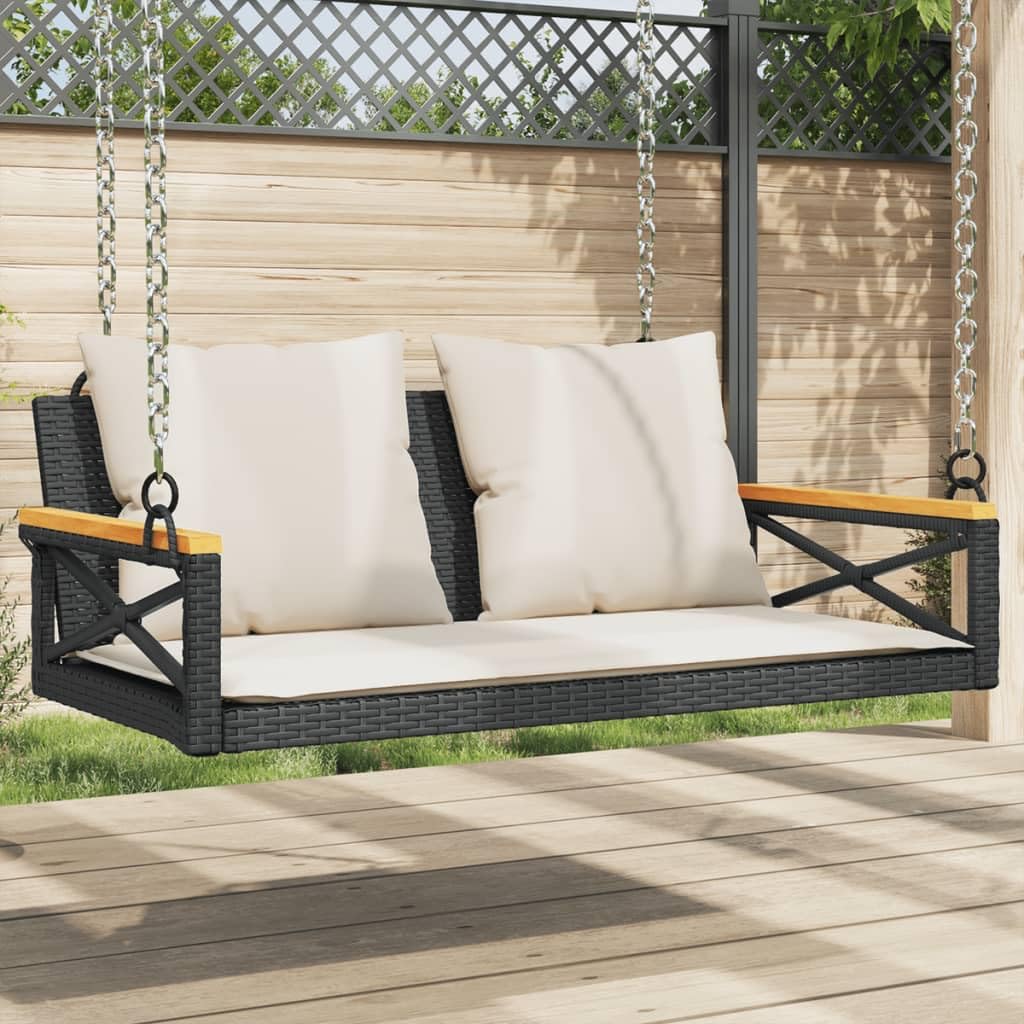 vidaXL Hanging Bench with Cushion, Black, 109 x 62 x 40 cm, Poly Rattan