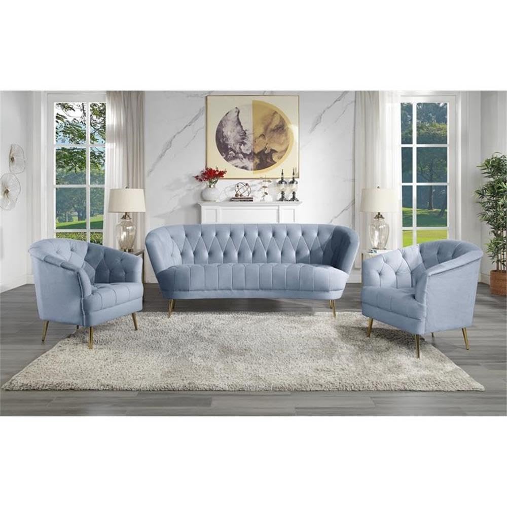 Acme Bayram Button Tufted Velvet Upholstery Sofa Metal Legs in Light Gray