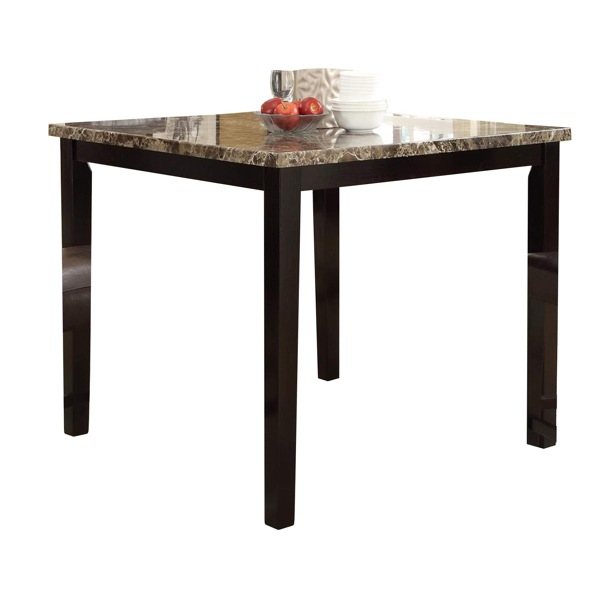 Benjara Wooden High Table With Faux Marble Top, Brown