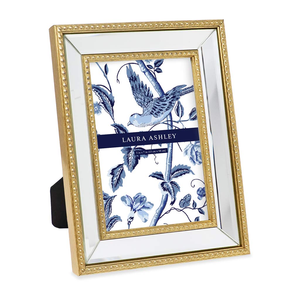 Laura Ashley 5x7 Gold Mirror Bead Picture Frame, Classic Mirrored Frame with Beaded Border, Wall-Mountable, Made for Tabletop Di