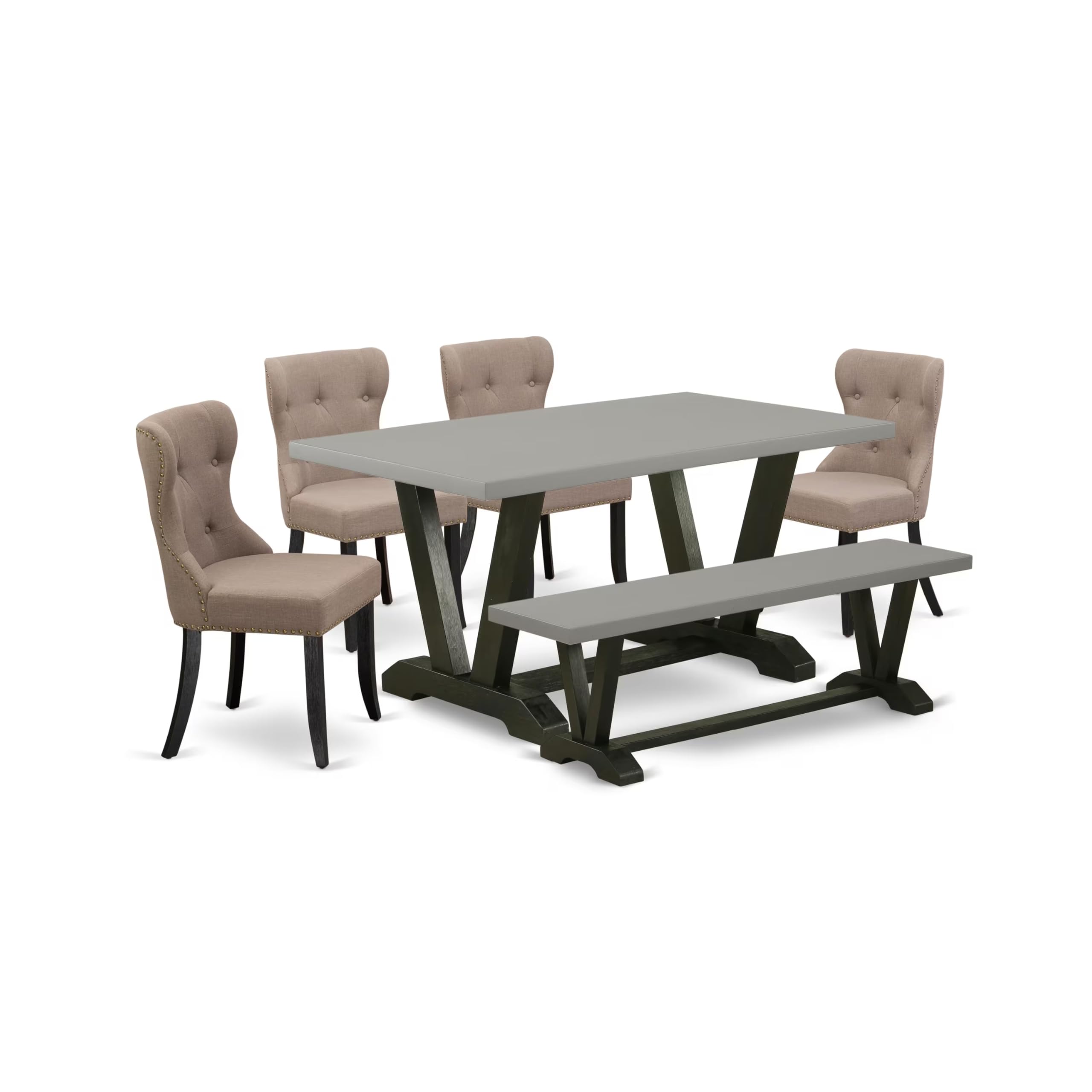 East West Furniture V696Si648-6 6 Piece Kitchen Table Set Contains A Rectangle Dining Table With V-Legs And 4 Coffee Linen Fabric Upholstered Chairs With A Bench, 36X60 Inch, Multi-Color