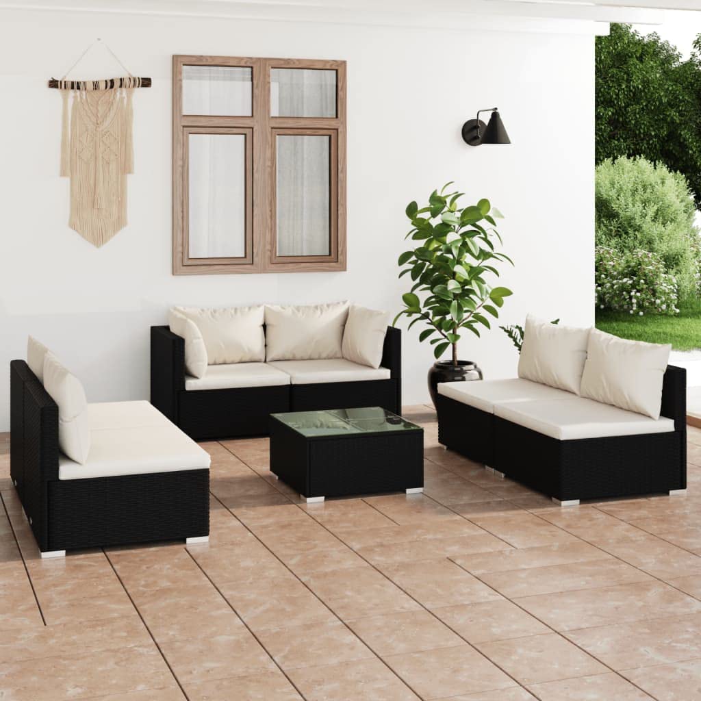 vidaXL 7 Piece Black PE Rattan Garden Lounge Set with Cushions and Tempered Glass Coffee Table for Patio Outdoor and Indoor Seating