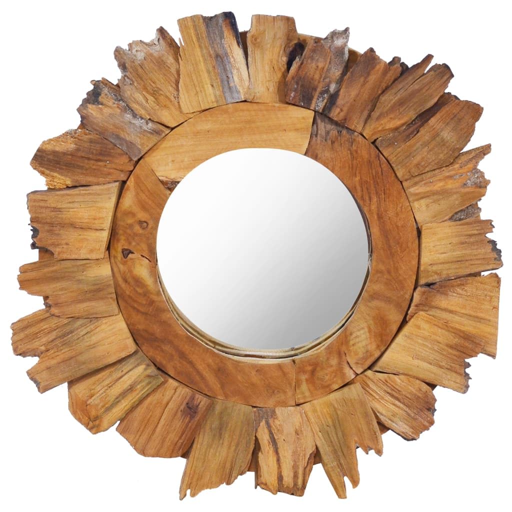 vidaXL Solid Teak Wood Decorative Mirror - Round Bathroom/Wall Mirror with Handmade Rustic Petal Frame, Natural Brown Variations, 15.7&quot; Diameter