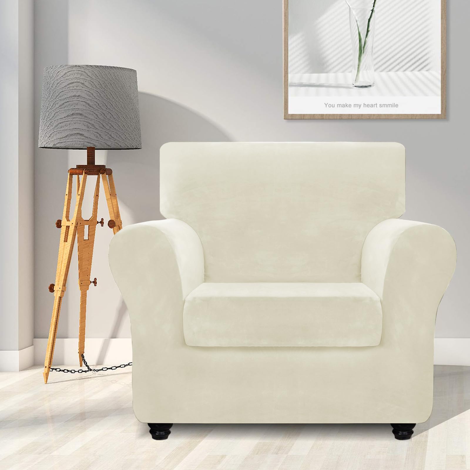 Znsayotx Luxury Velvet Chair Slipcovers With Arm 2 Piece Stretch Chair Covers For Living Room Thick Soft Armchair Slipcover Anti Slip Pet Friendly Furniture Protector (Beige),32'-46'(1 Cushion)