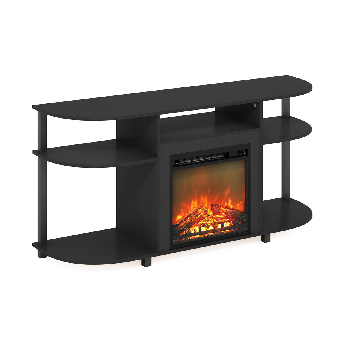 Furinno Jensen Open Storage Curved Entertainment Center Stand With Fireplace For Tv Up To 55 Inch, Americano