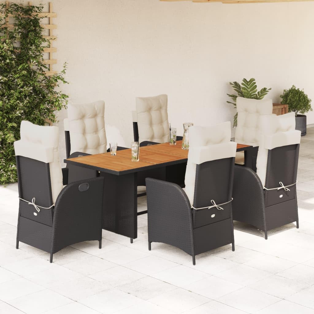 vidaXL 7 Piece Patio Dining Set - Black Poly Rattan with Cushions - Outdoor, Garden, Backyard - Adjustable Reclining Chairs