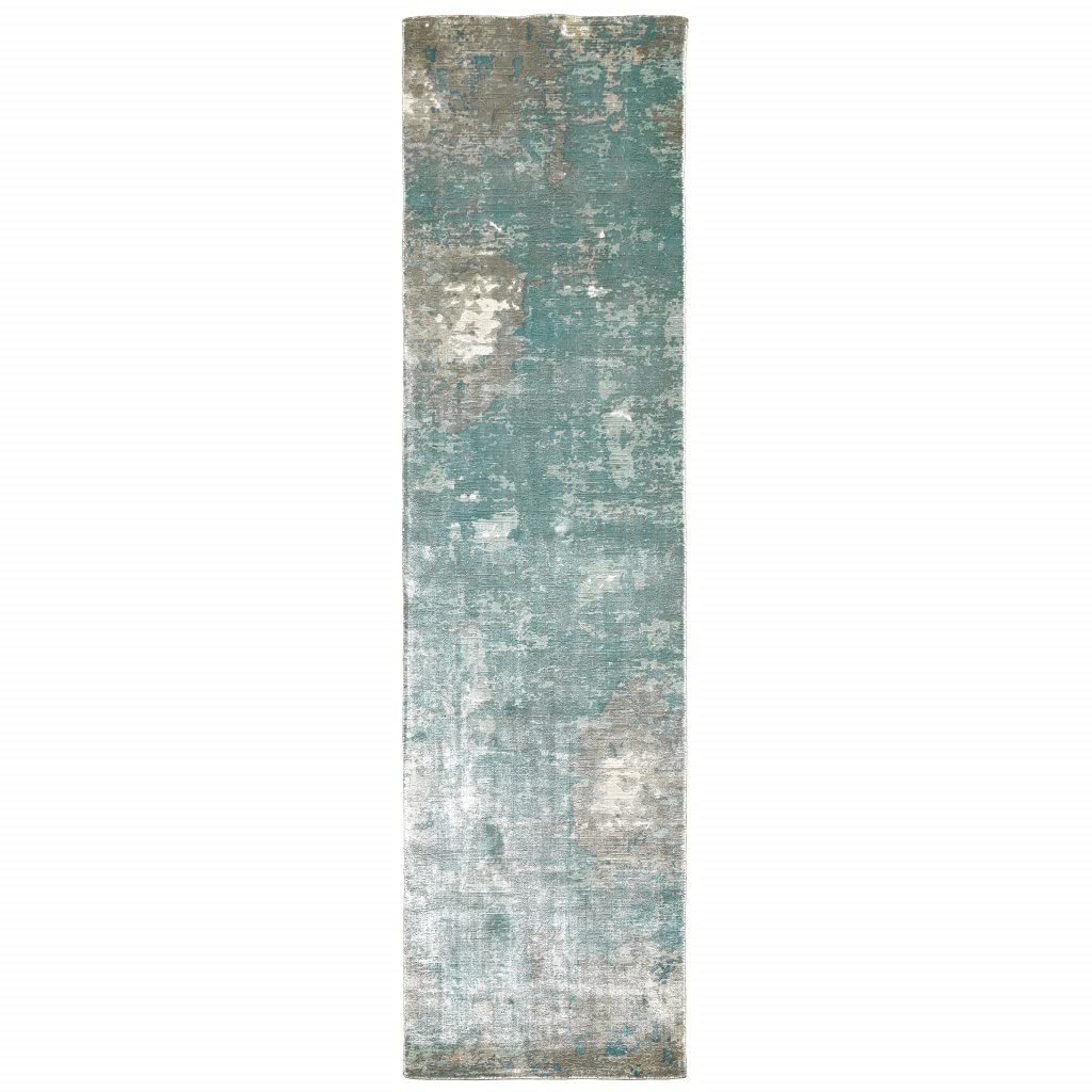 HomeRoots Viscose 3’ x 10’ Blue and Gray Abstract Pattern Indoor Runner Rug