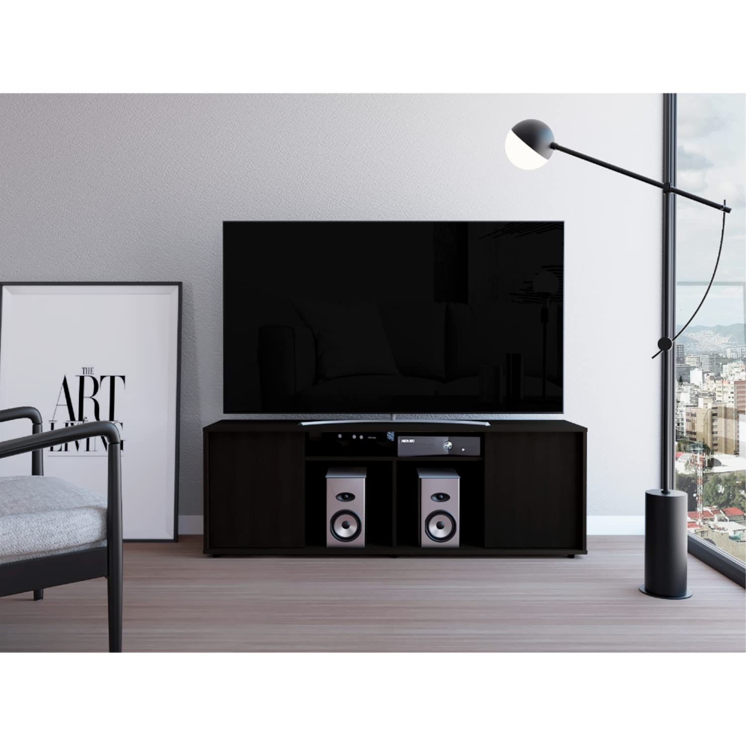 Depot E-Shop Dallas Tv Stand, Two Cabinets With One Door, Four Shelves, Countertop, Black, For Living Room