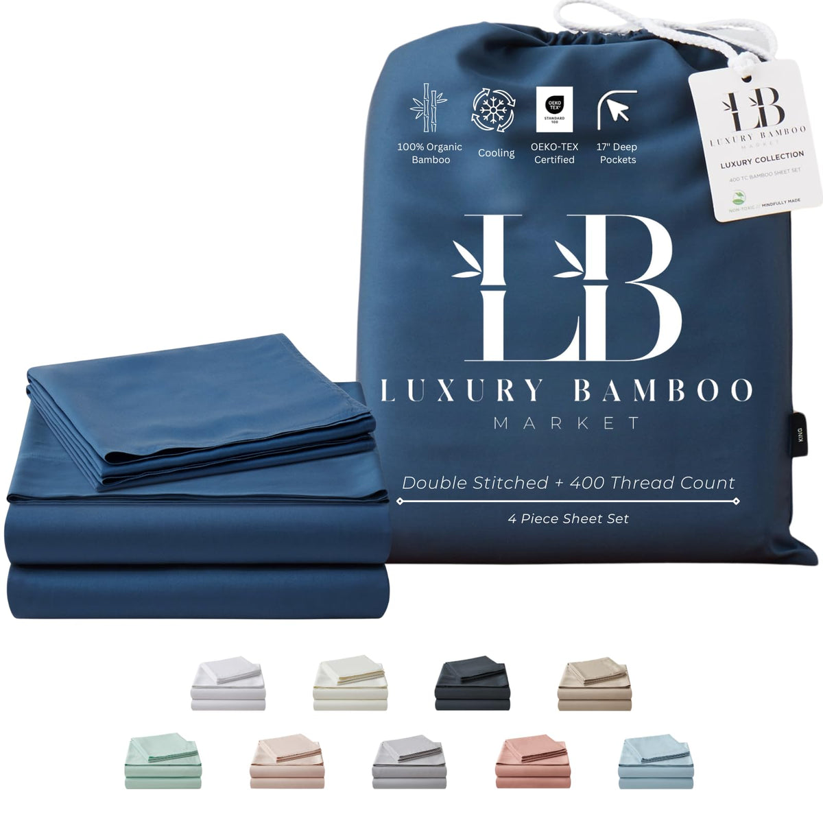 Luxury Bamboo Market | King Size Bed Sheet Set | 100% Viscose Made From Bamboo | Organically Grown | Ultra Soft | Cooling Sheets