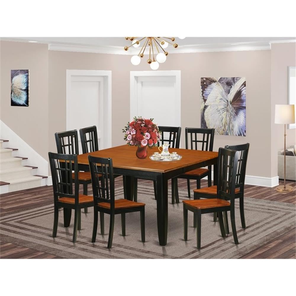 East West Furniture PFNI9-BCH-W 9 Piece Dining Room Furniture Set Includes a Square Kitchen Table with Butterfly Leaf and 8 Dining Chairs, 54x54 Inch, Black & Cherry