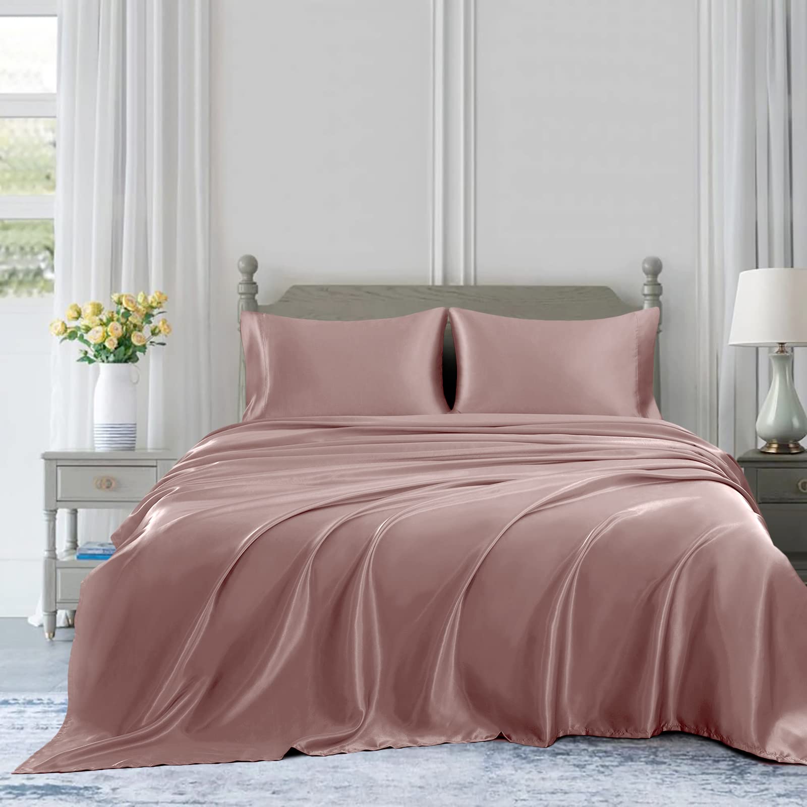 Homiest 3Pcs Satin Sheets Set Luxury Silky Satin Bedding Set With Deep Pocket, 1 Fitted Sheet + 1 Flat Sheet + 1 Pillowcase (Twin Size, Rose Gold)