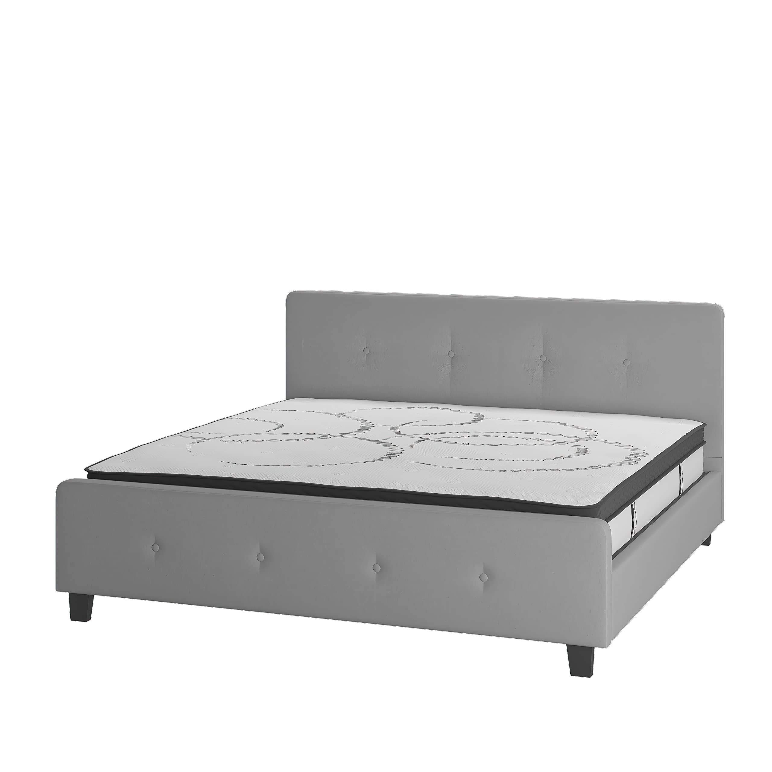 Flash Furniture Tribeca King Size Tufted Upholstered Platform Bed In Light Gray Fabric With 10 Inch Certipur-Us Certified Pocket Spring Mattress