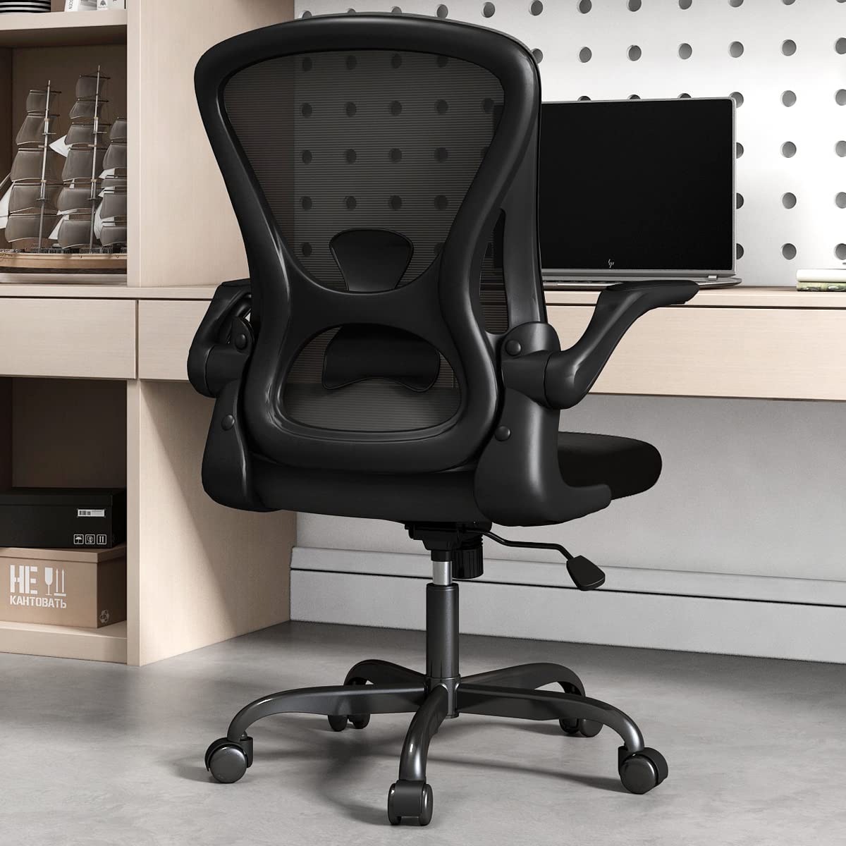 Sytas Ergonomic Desk Chair with Padded Flip up Arms and Supportive Lumbar Support, Breathable Mesh Home Office Chair with Comfor