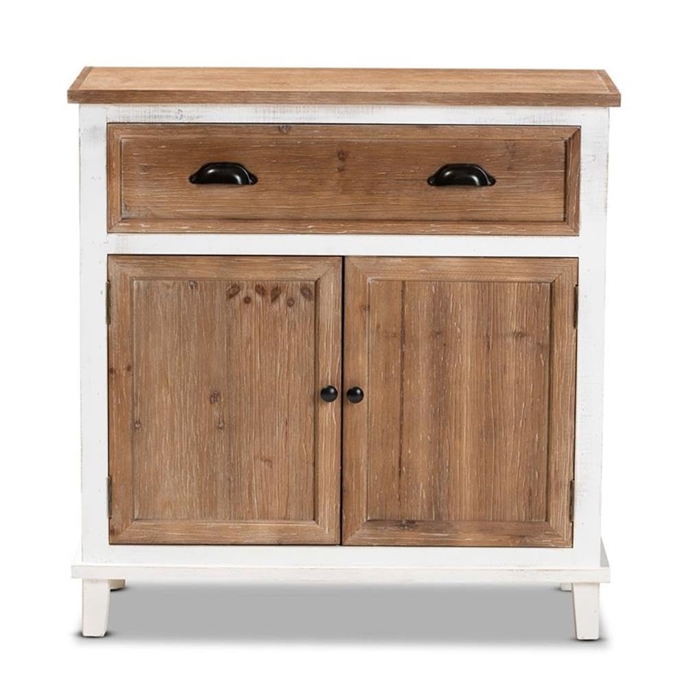 Baxton Studio Glynn Rustic Farmhouse Weathered Two-Tone White and Oak Brown Finished Wood 2-Door Storage Cabinet