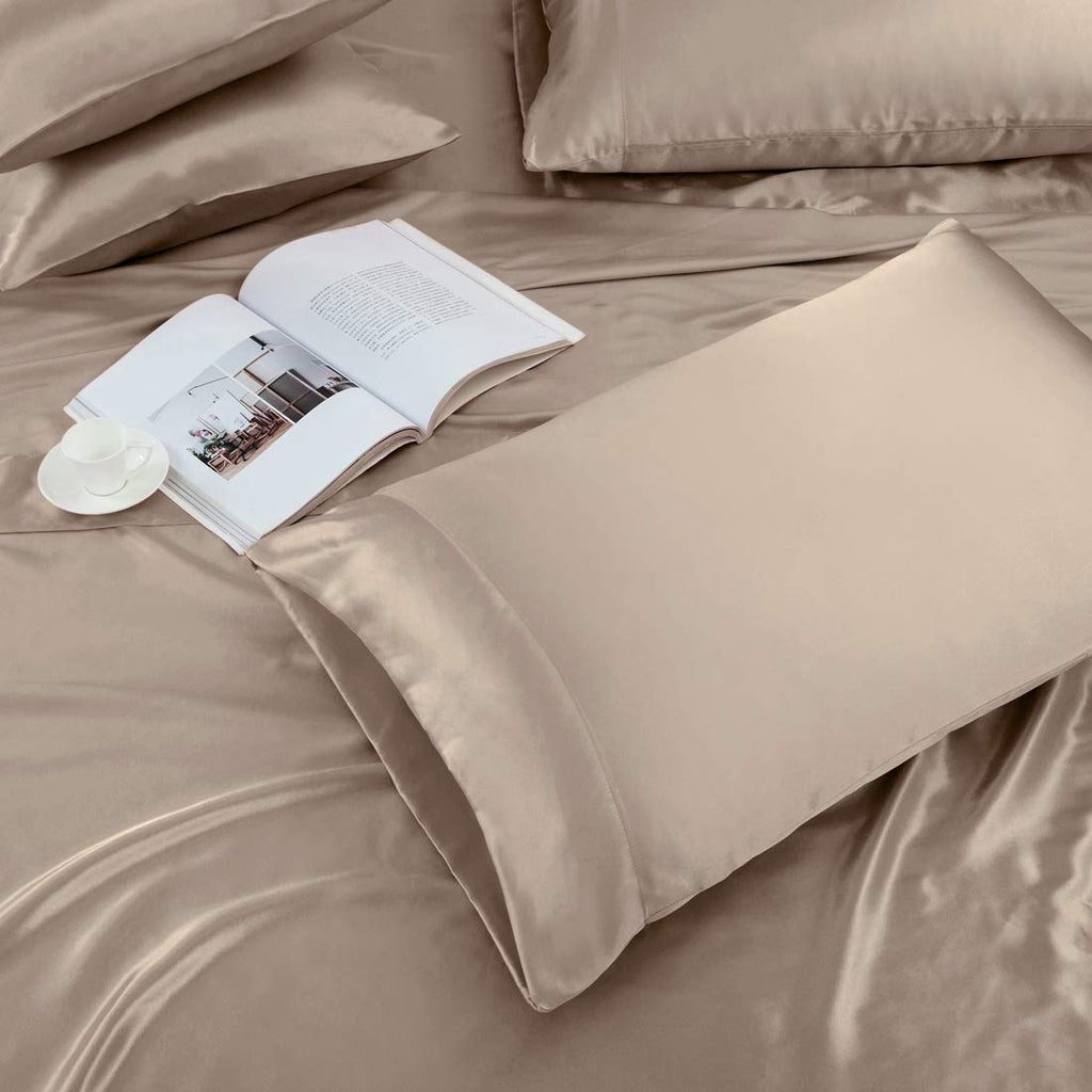 Treely 4 Piece Satin Sheets Twin Size Silky Smooth Taupe Satin Sheet Set With Deep Pocket, Satin Fitted Sheet, Flat Sheet, 2 Sat