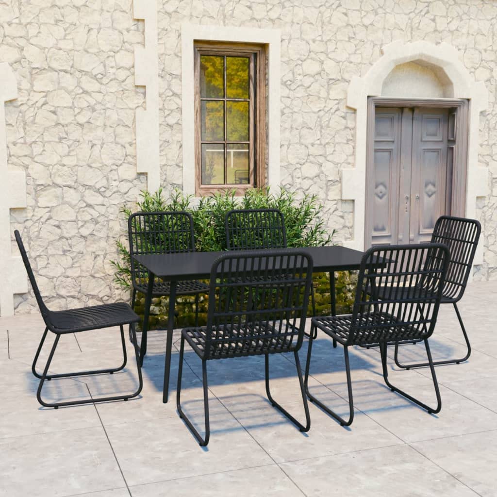 vidaXL Dining Set for Patio - 7 Piece, Black, Poly Rattan & Glass Tabletop, Steel Frame, Weather-Resistant, Easy to Clean