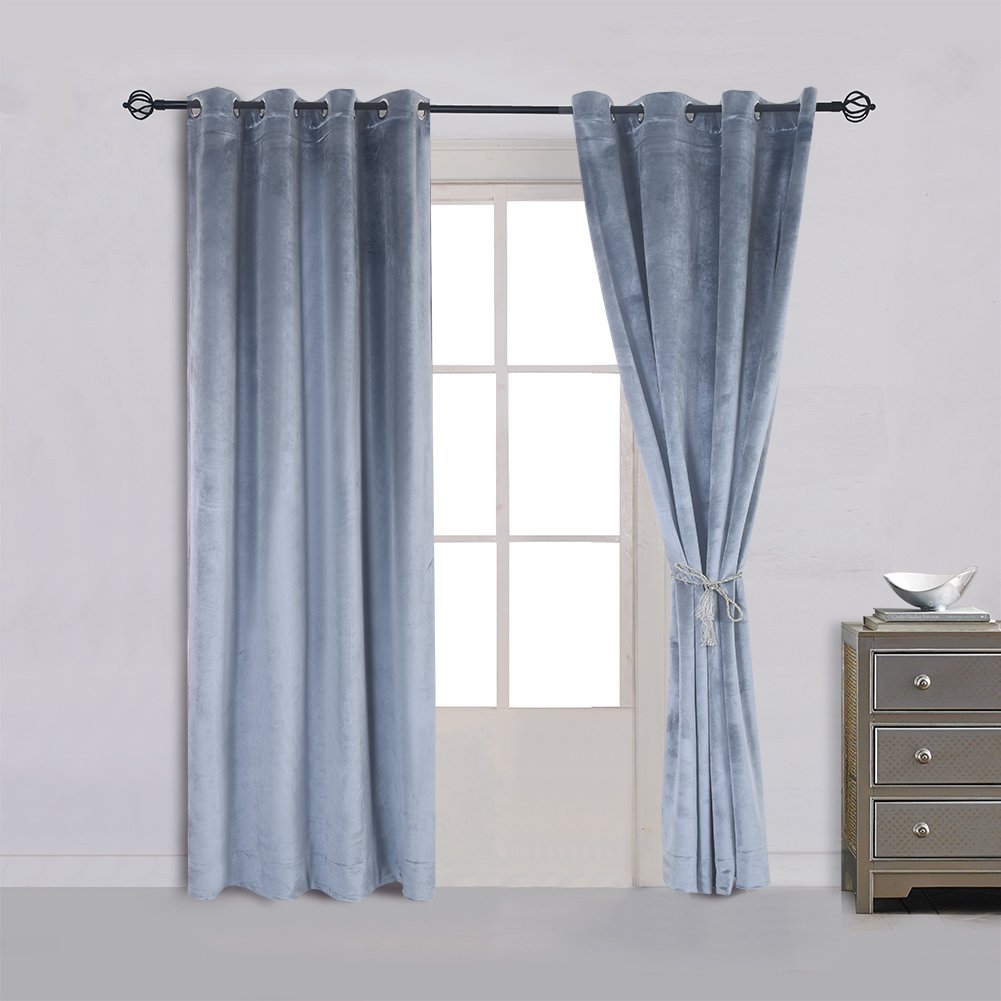 Cherry Home Super Soft Luxury Velvet Stone Blue Light Blocking Drapes Room Darkening Curtains Panel Grommet Drapery 52 By 108 In