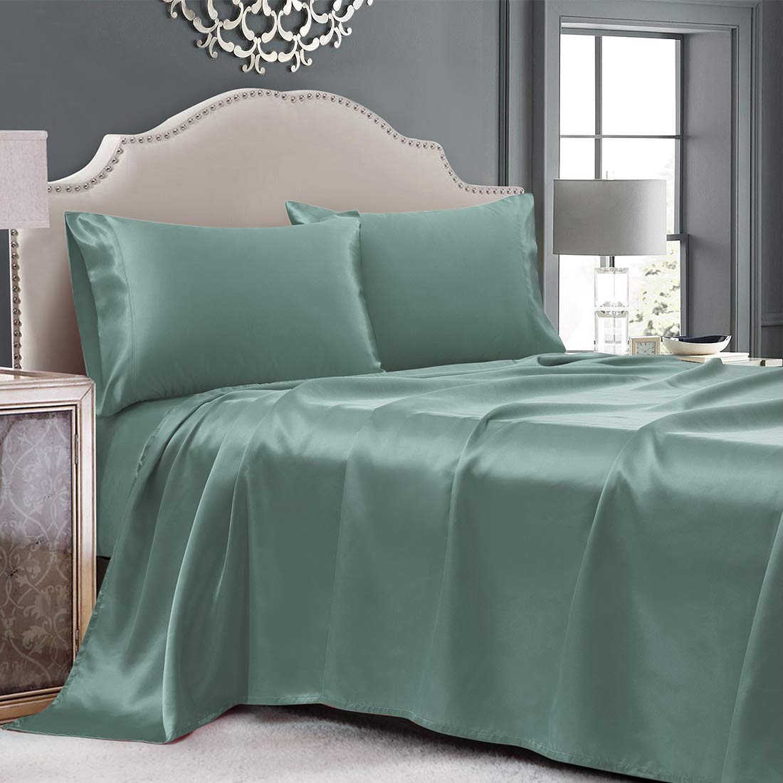 Cobedzy 4 Piece Luxury Queen Sheet Set, Soft Silky Bed Sheets Queen Set, Sage Satin Sheet Set With 1 Deep Pocket Fitted Sheet 1