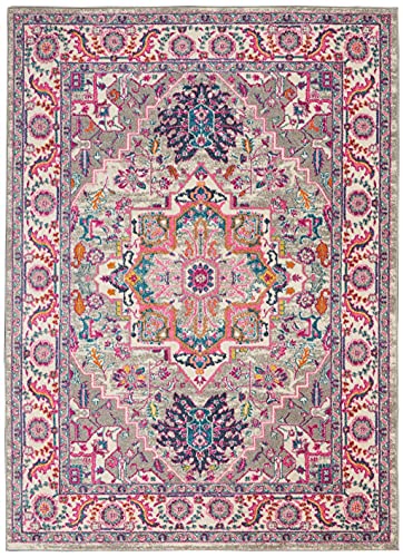 HomeRoots Light Grey/Pink 100% Polypropylene 4’ x 6’ Light Gray and Pink Medallion Area Rug