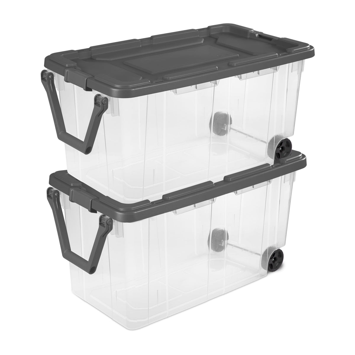 2 Pack 160 Quart Extra Large Wheeled Clear Plastic Storage Totes With Dark Gray Latching Lids & Rotating Pull Handles, HeavyDut