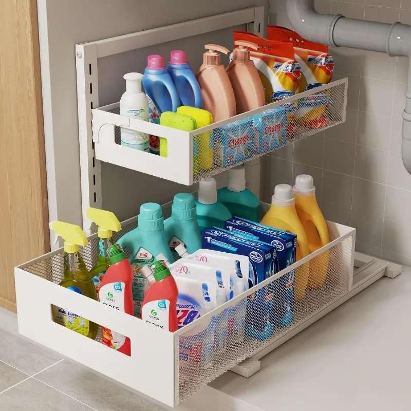 Maximize UnderSink Space: 2Tier Adjustable Height PullOut Organizer For Kitchen & Bathroom Cabinets