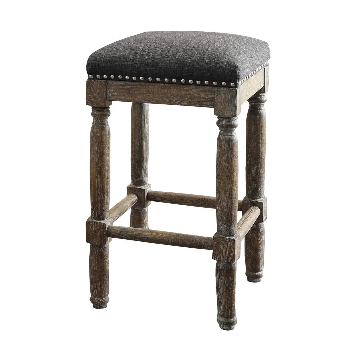 Madison Park Cirque Bar Stools - Hardwood, Faux Linen Kitchen Stool - Grey, Modern Classic Style Bar Height Stools - 2 Piece Sto