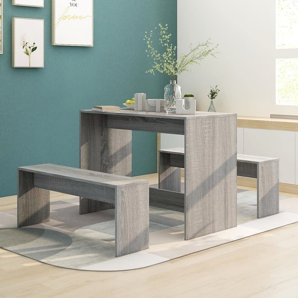 vidaXL 3 Piece Dining Set, Rectangular Table and Benches Set, Gray Sonoma Engineered Wood for Modern Houses, Durable and Easy-to-Clean