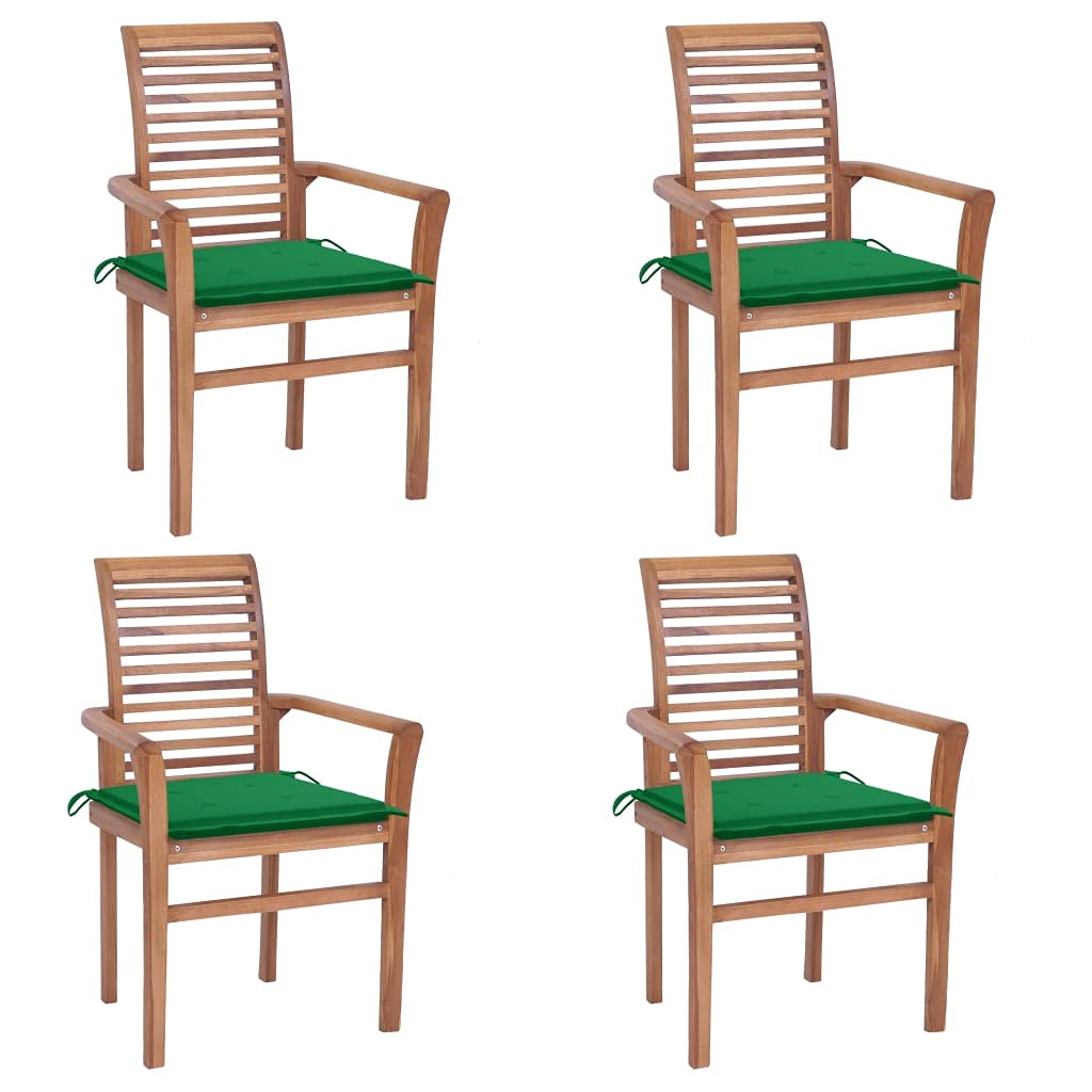 vidaXL 4 pcs Solid Teak Wood Stacking Dining Chairs with Green Cushions