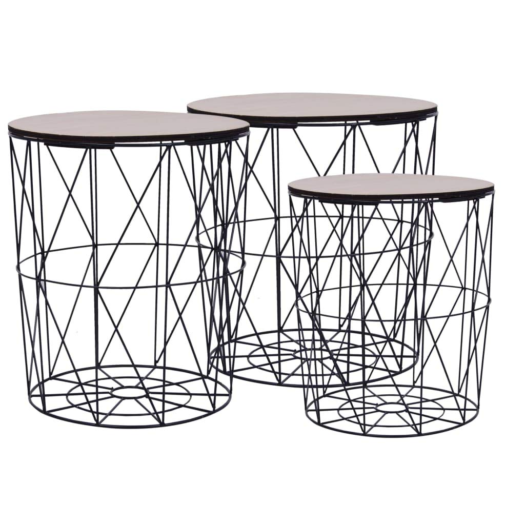 vidaXL 3-Piece Coffee Table Set with Storage Baskets, Black - Versatile Vintage Charm, Solid Wood Top and Metal Frame, Space-Saving Nested Design