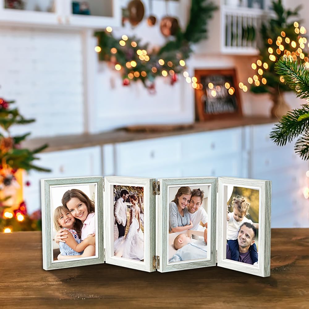 POILKMNI 4-Panel Hinged Picture Frame Rustic Wood 5x7 Grey