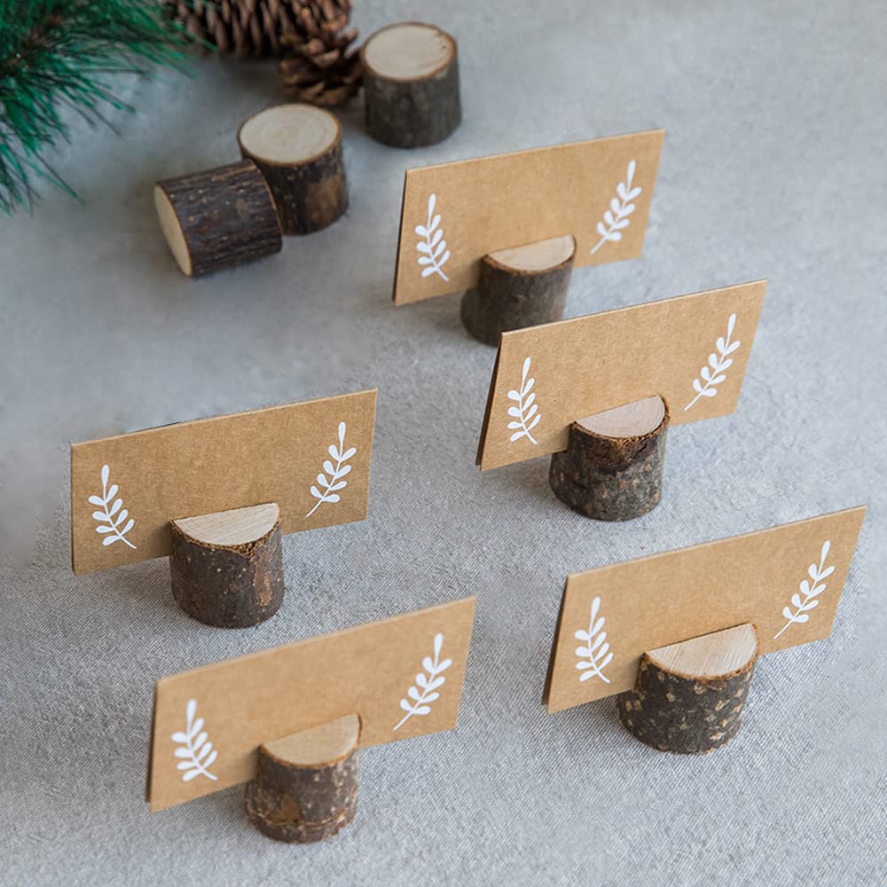Jofefe 20Pcs Wood Place Card Holders And 24Pcs Kraft Table Place Cards, Rustic Table Number Holders, Food Labels, Name Card Phot