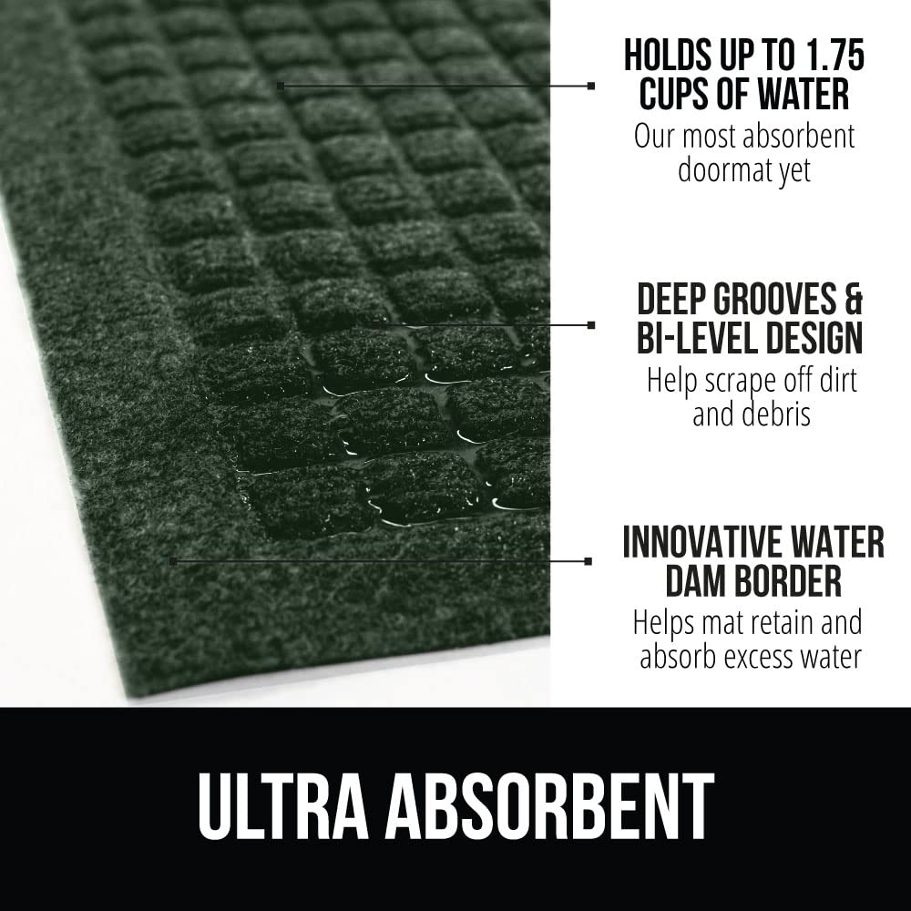 Gorilla Grip Ultra Absorbent Moisture Guard Doormat, Absorbs Up To 1.7 Cups Of Water, Stain And Fade Resistant, Spiked Rubber Backing, All Weather Mats Capture Dirt, Indoor Outdoor, 29X17, Green