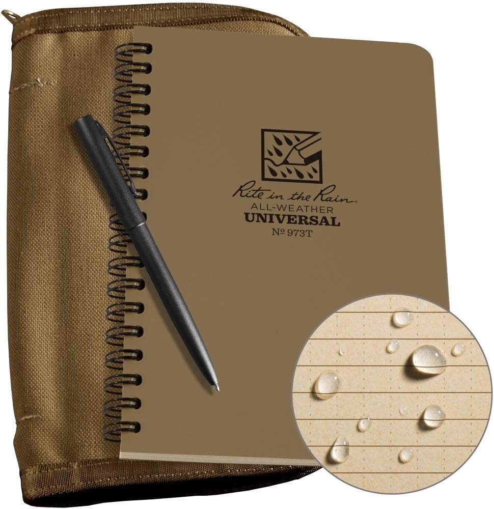 Rite In The Rain Weatherproof Side Spiral Kit: Tan Cordura Fabric Cover, 4 5/8' X 7' Tan Notebook, And Weatherproof Pen (No. 9