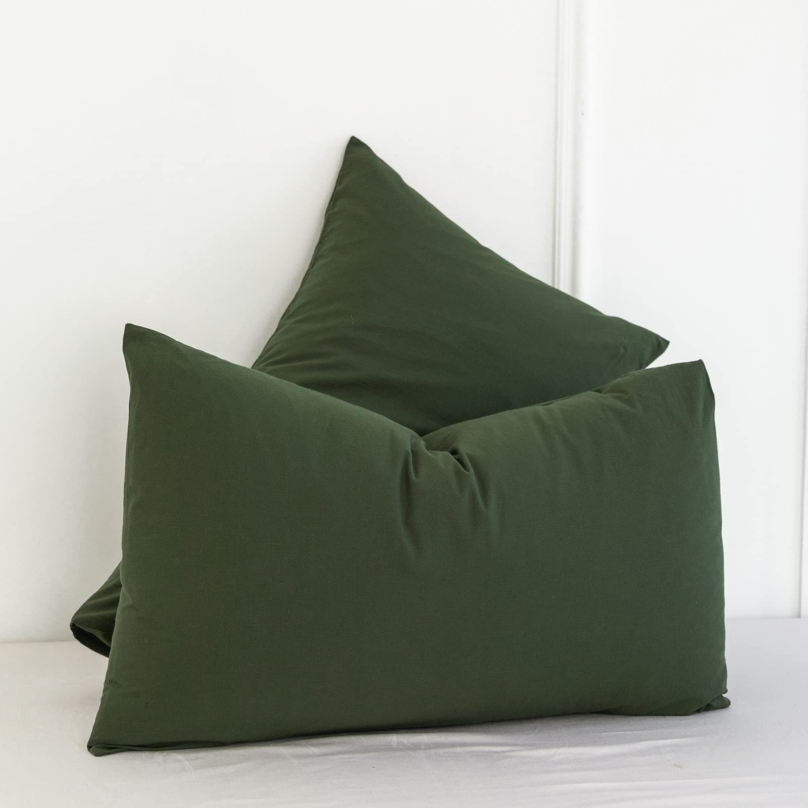Moomee Bedding Pillowcases Pack Of 2 100% Washed Cotton Linen Like Textured Breathable Durable Soft Comfy (Olive Green, Standard