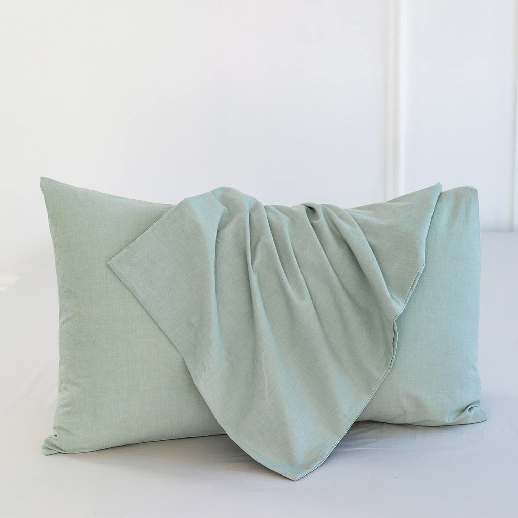 Moomee Bedding Pillowcases Pack Of 2 100% Washed Cotton Linen Like Textured Breathable Durable Soft Comfy (Sage Green, Standard)